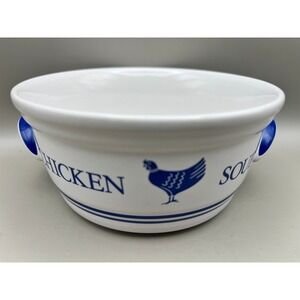 Vintage 1985 FTDA Chicken Soup Bowl Ceramic Blue White Hen Farmhouse Handle 5.5"